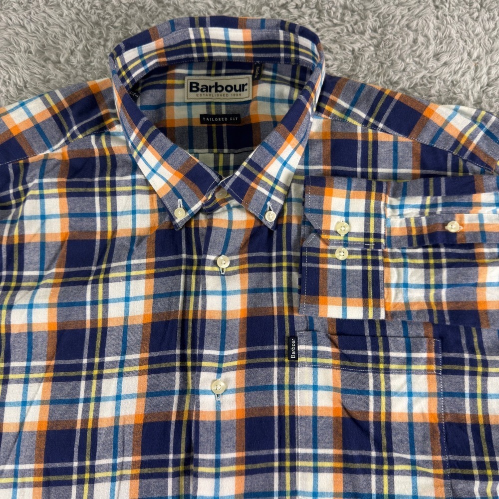 Barbour Bram Shirt Mens Large Tailored Fit Navy Orange Plaid Cotton MSH4165OR32